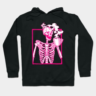 halloween skeleton drinking coffee pink Hoodie